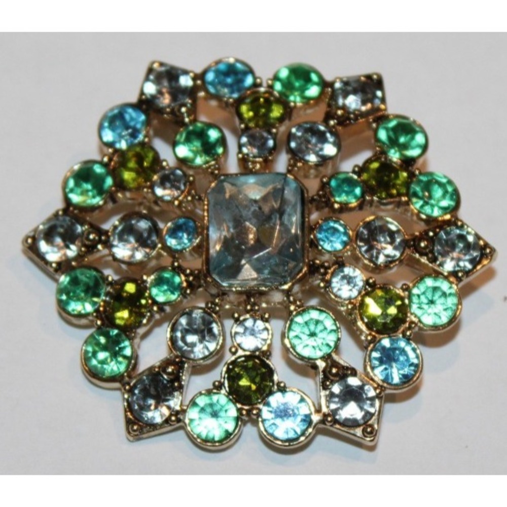 VTG signed LC‎ Liz Claiborne rhinestone brooch pin blue purple green gold tone